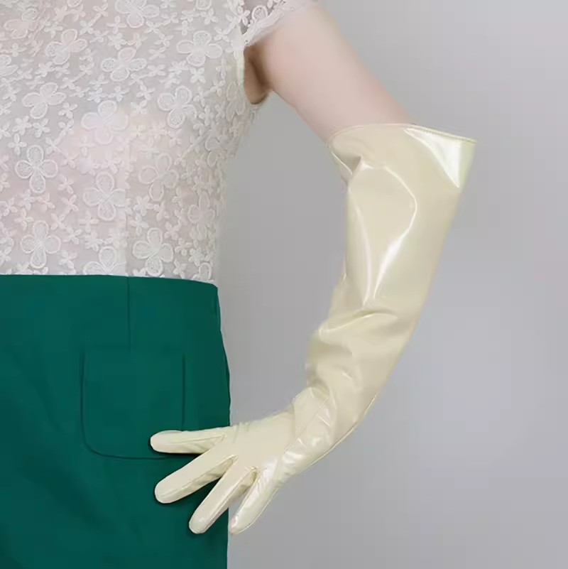Formal Glove Leather - Женские длинные перчатки из лакированной бежевой